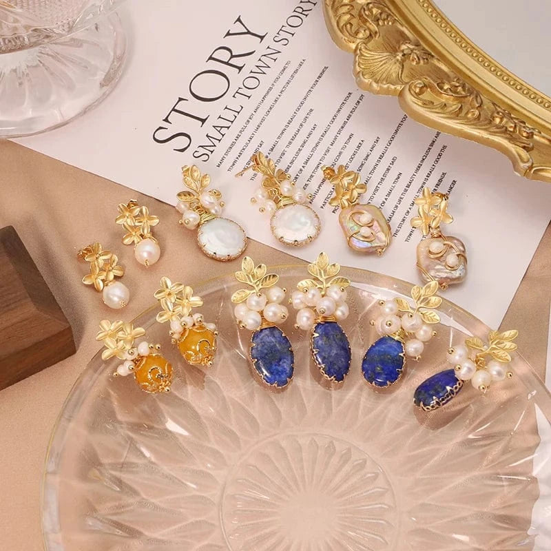 Natural Freshwater Pearl Drop Earrings For Women Bridal Baroque Statement Luxury Flower Dangle Earrings Fine Jewelry