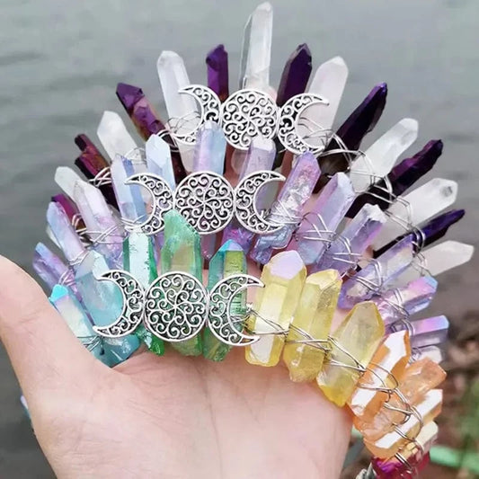 Natural Gemstone Electroplating Colorful Aura Moon Witch Crystal Crown Headband Tiara For Hair Jewelry Accessories