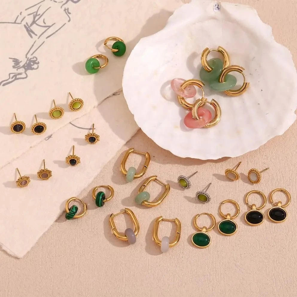 Natural Stone Earrings Set Colorful Gemstone Statement Jewelry Set Gold Plated Stainless Steel Jewelry Set