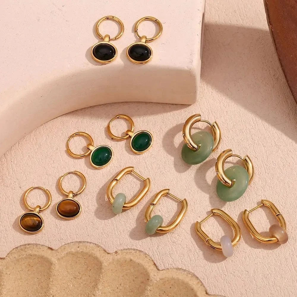 Natural Stone Earrings Set Colorful Gemstone Statement Jewelry Set Gold Plated Stainless Steel Jewelry Set