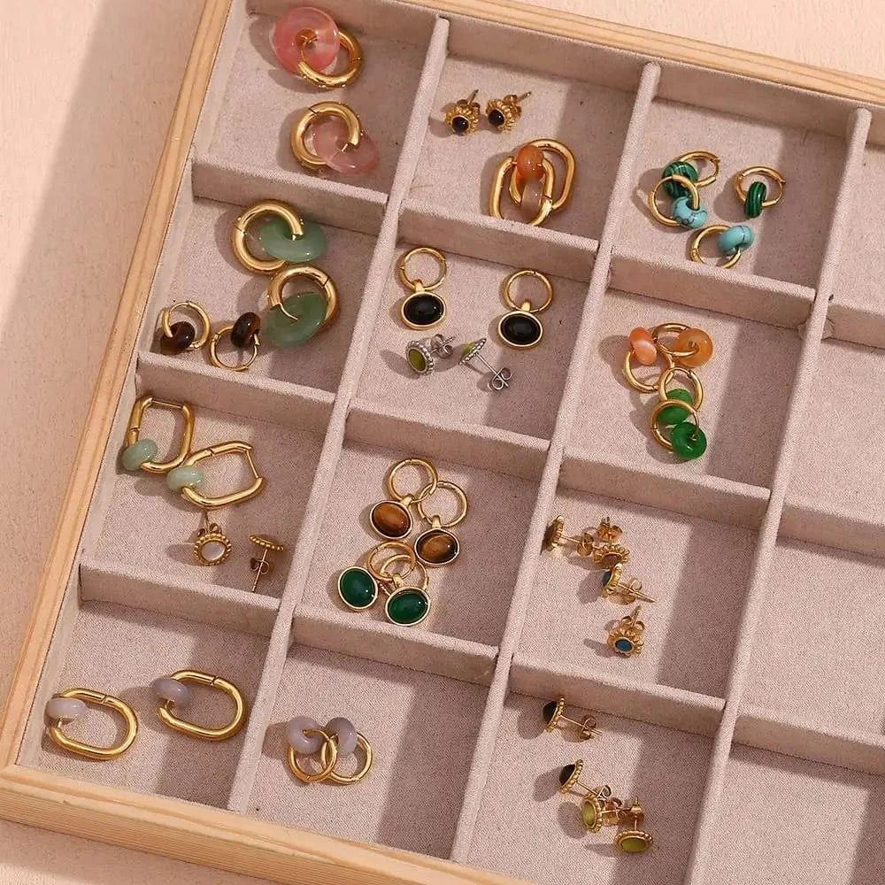 Natural Stone Earrings Set Colorful Gemstone Statement Jewelry Set Gold Plated Stainless Steel Jewelry Set