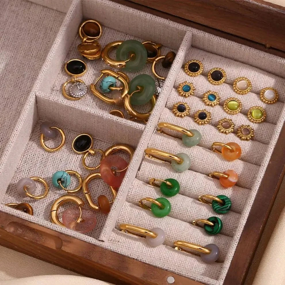 Natural Stone Earrings Set Colorful Gemstone Statement Jewelry Set Gold Plated Stainless Steel Jewelry Set