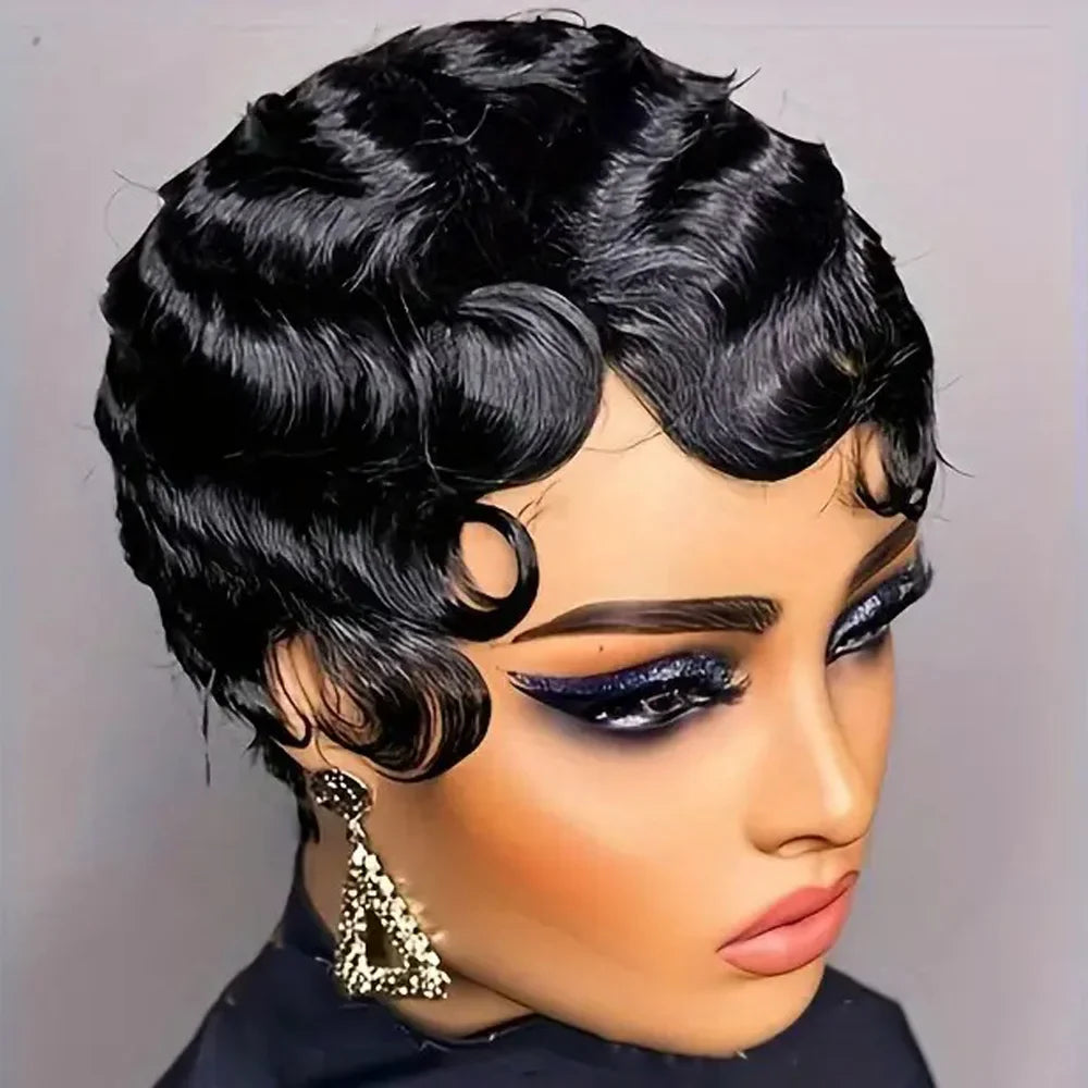 Natural / United States / 6inches|1Pcs/Lot Short Finger Wave Wig Human Hair Wig For Women Brown Short Ocean Wave Wig Pixie Cut Wigs for Woman Natural Color