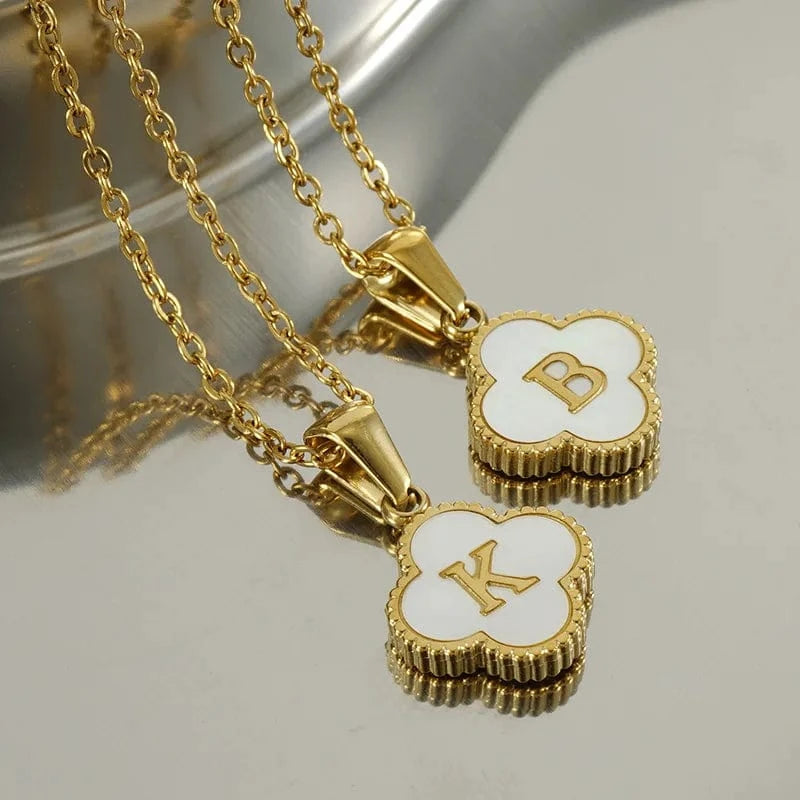 Nature Shell Pendant Lucky Four-leaf Clover 18K Gold Plated Initial Letters Stainless Steel Necklace for Women Jewelry Gift