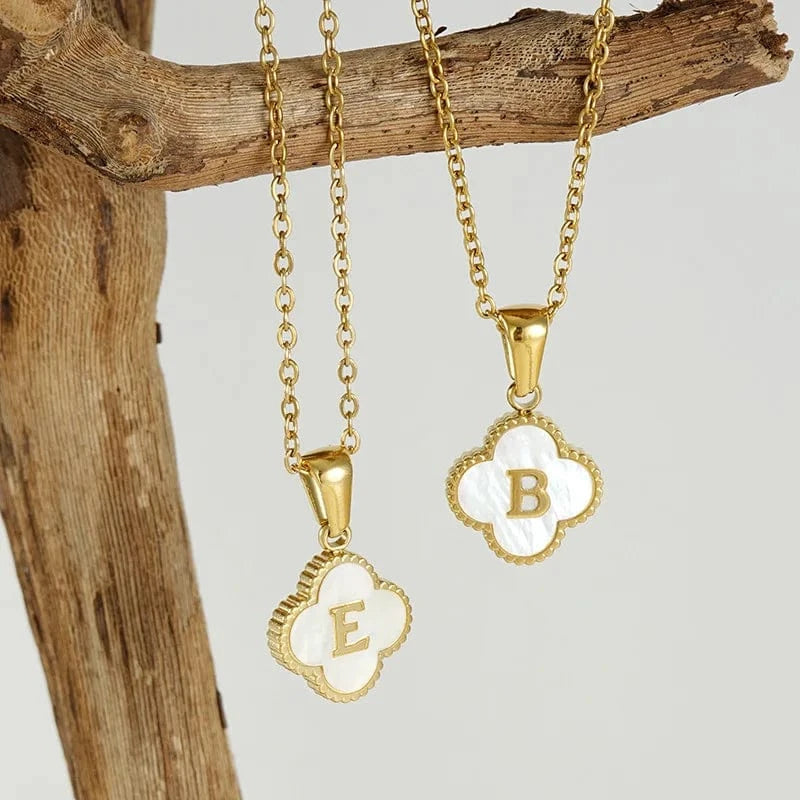 Nature Shell Pendant Lucky Four-leaf Clover 18K Gold Plated Initial Letters Stainless Steel Necklace for Women Jewelry Gift