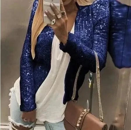 Navy Blue / S Gold Purple Shiny Sequins Round Neck Cardigan Jacket Women Fashion Short Coat Silver Blue Nothing Red Outerwear Female Overcoat