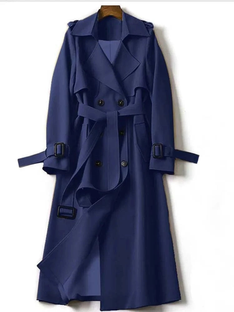 Navy / XL 2024 Autumn Winter Solid Color Trench Coat Double Row Button Design Waist Lapel Simple Style for Lengthening