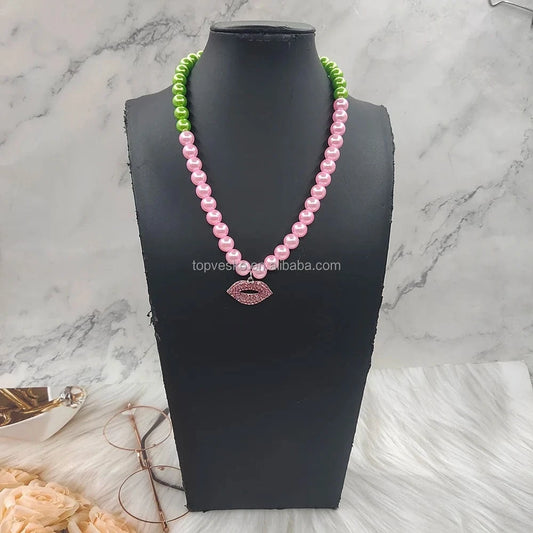 necklace / 01 Hot sale Greek Sorority Pearls Bling Pink Crystal Lip Pendant Necklace Party Fashion Jewelry Gift