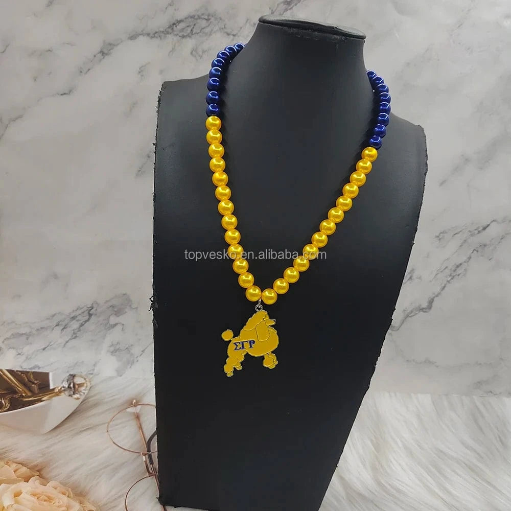 necklace / 01 University Greek Sigma Gamma Rho Sorority Yellow Blue Pearls Enamel Poodle Charms Womens Necklace