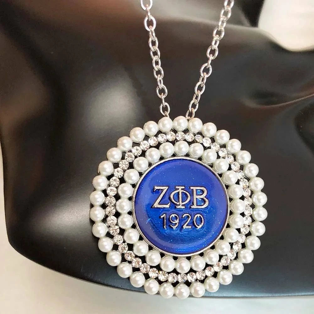 Necklace / #1 Zeta Phi Beta Greek Sorority letter white Pearl rhinestone Circular shape Brooches Jewelry for Women Necklaces