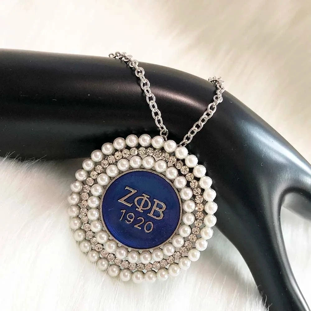Necklace / #1 Zeta Phi Beta Greek Sorority letter white Pearl rhinestone Circular shape Brooches Jewelry for Women Necklaces