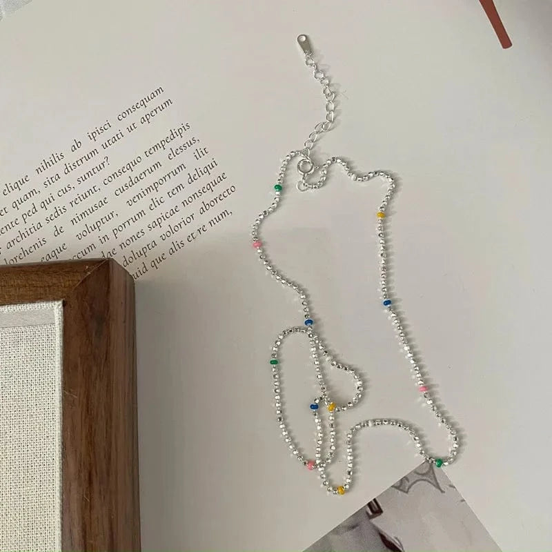 Necklace 40+4cm / silver Geometric Rainbow Colorful Beads Chain Necklaces Wholesale 925 Sterling Silver Fashion Jewelry