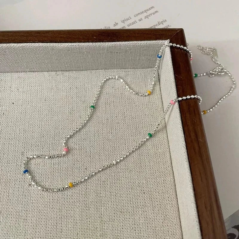 Necklace 40+4cm / silver Geometric Rainbow Colorful Beads Chain Necklaces Wholesale 925 Sterling Silver Fashion Jewelry