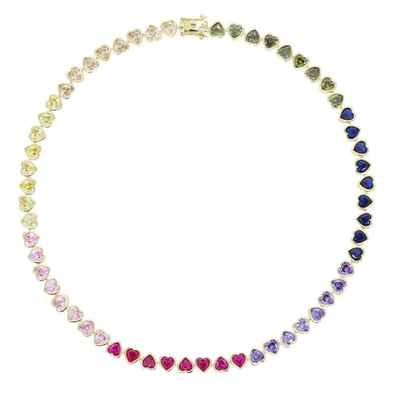 Necklace 41cm / N055-Gold High Quality Colorful Heart Tennis Bracelet Necklace Micro Pave CZ 18K Gold Plated Fashion Wedding Party Jewelry Set