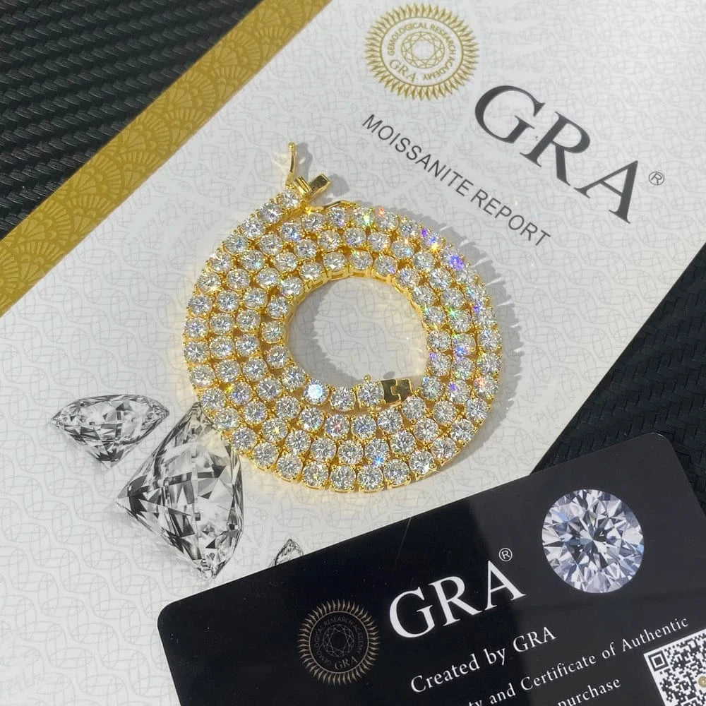 Necklace 4mm 22inch / D color(Yellow gold plated) Cheapest Price Tennis Chain Iced Out 3MM 4MM 5MM Blue Green VVS Moissanite Tennis Chain HipHop Jewelry Necklace Diamond Bracelet