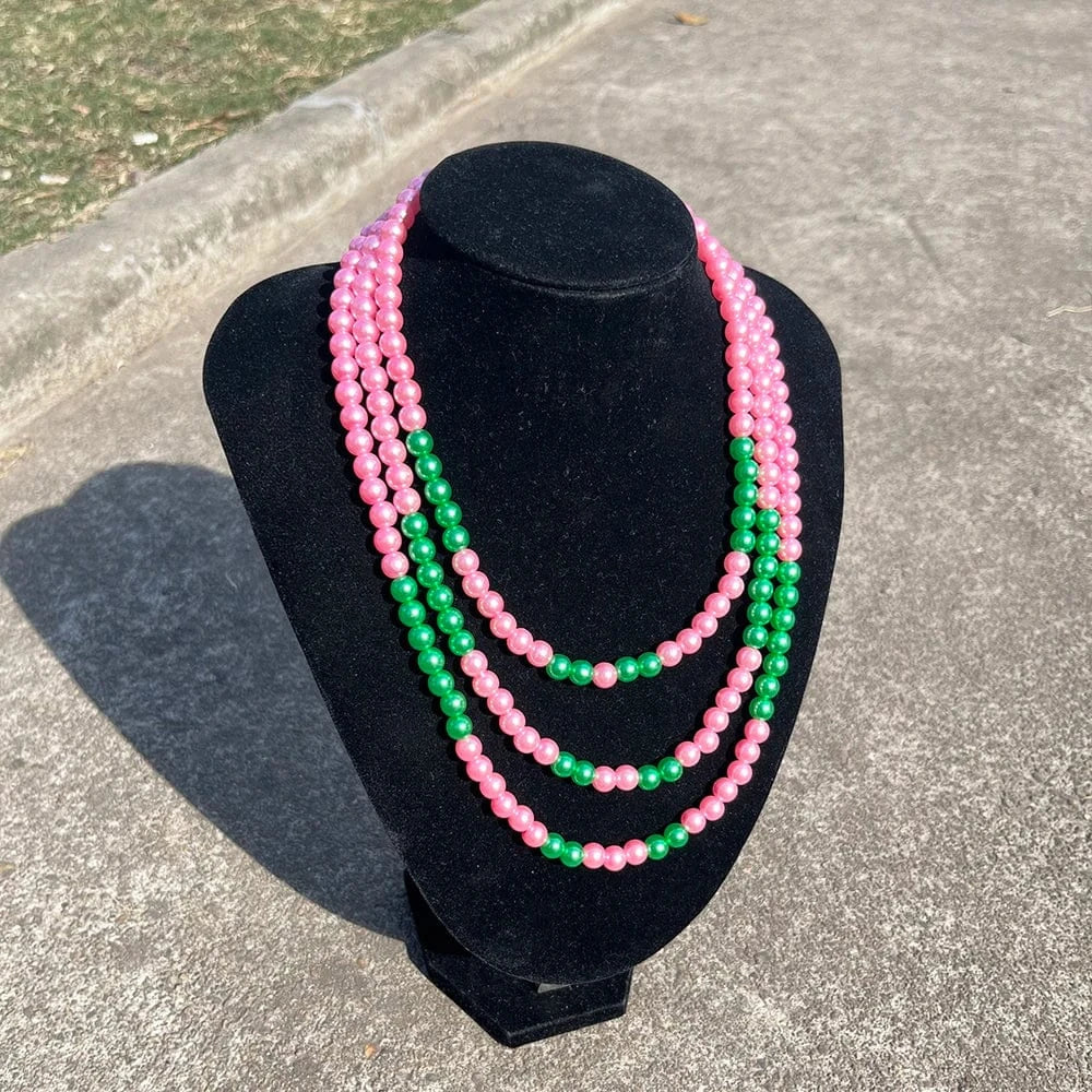 Necklace / A greek sorority Three layer pearl necklace pink green pearl Elegant Women Fashion Jewelry graduation gift