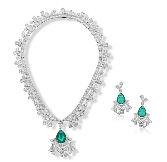 necklace earrings exaggerated fashion set women's pendant choker High quality jewelry plated 18K inlaid Emerald