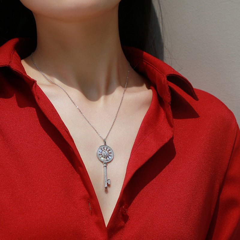 Necklace Key Shape Pendant With Moissanite Half Carat 925 Silver Classic Style - SN Wigs & More