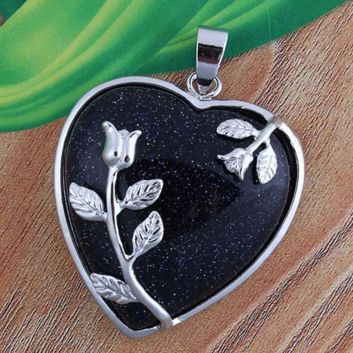 necklace pendant / Blue Goldstone Jewelry Silver Wrapped Leaf Heart Healing Stone Pendant Amethyst Crystal Heart Pendant Necklace for Charm Jewelry