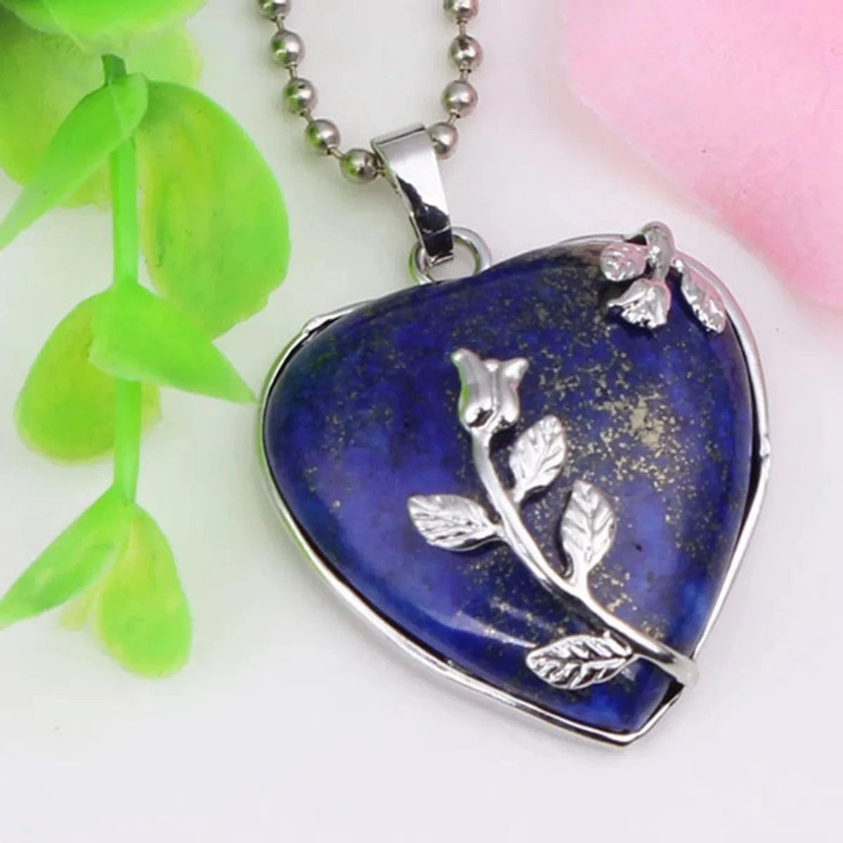 necklace pendant / Lapis Lauzli Jewelry Silver Wrapped Leaf Heart Healing Stone Pendant Amethyst Crystal Heart Pendant Necklace for Charm Jewelry