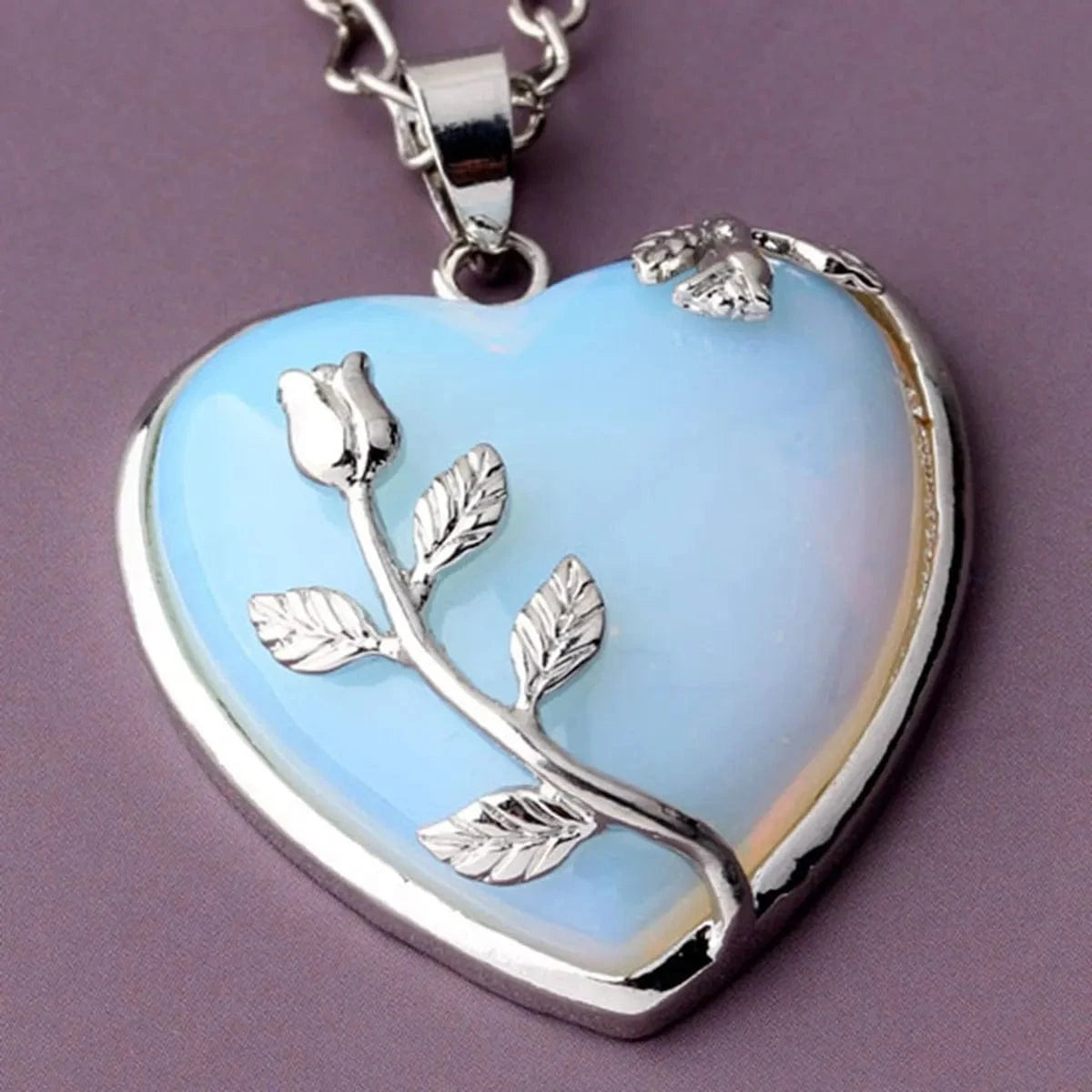 necklace pendant / Opal Jewelry Silver Wrapped Leaf Heart Healing Stone Pendant Amethyst Crystal Heart Pendant Necklace for Charm Jewelry