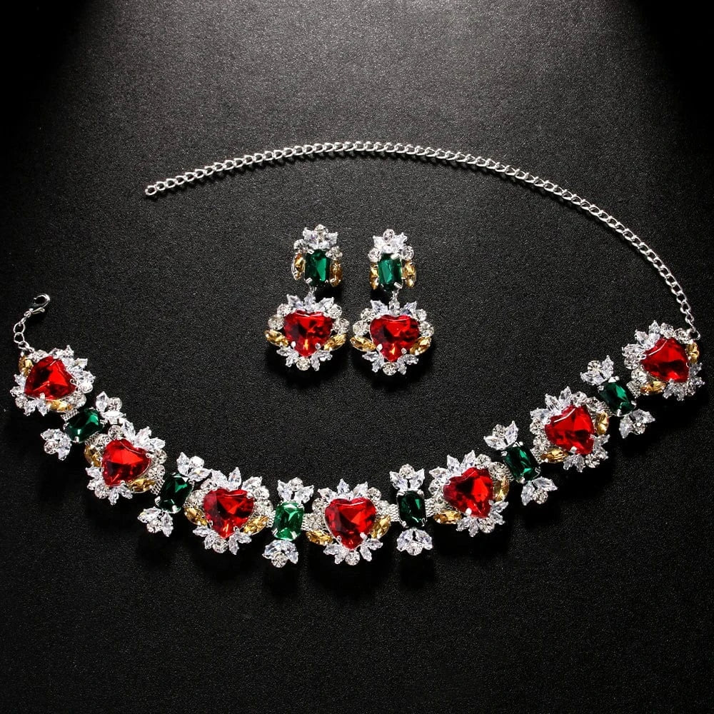 Necklace / silver Exaggerated Red Heart Green Geometric Rhinestone Jewelry Sets For Women Wedding Bridal Crystal Necklace And Earrings Wholesale