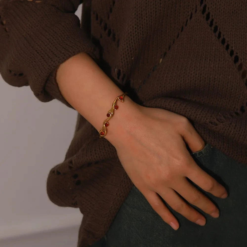 New 18K Gold Plated Stainless Steel Irregular Jewelry Party Gift Nature Stone Pearl Opening Bracelet