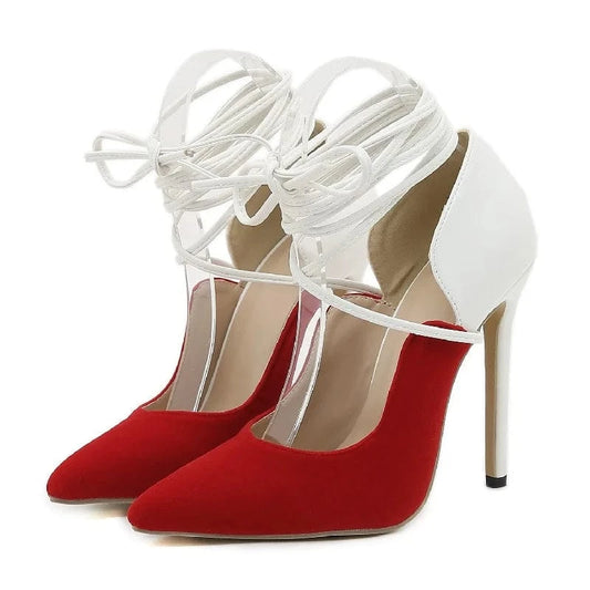 New 2023 Suede Designer Women Pumps Fashion Shoes Female 12cm Lace up Ladies High Heels