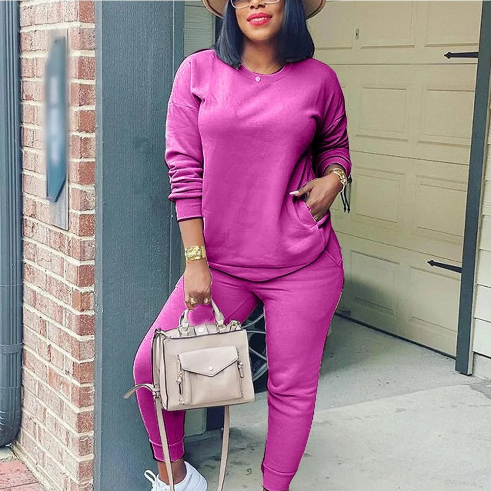 New 2024 Fall Autumn 2 Piece Long Sleeve Sport Casual Solid Colors Cotton Two Piece Pants Set Tracksuit Women Jogger Suit Sets