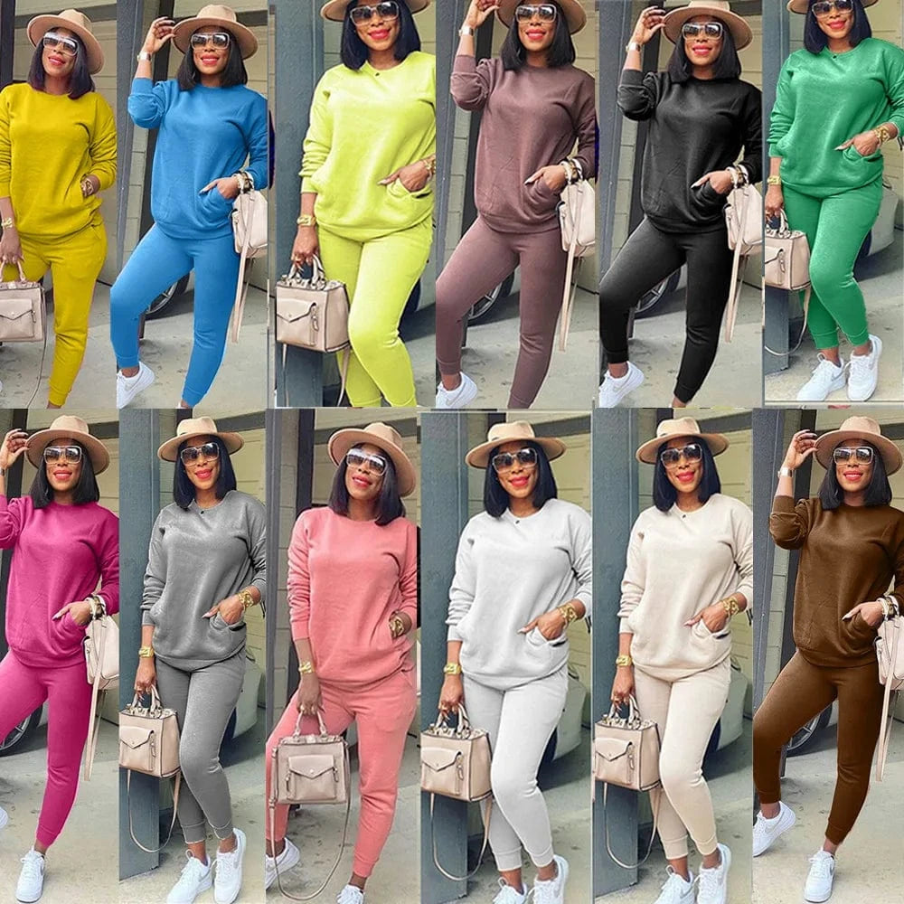 New 2024 Fall Autumn 2 Piece Long Sleeve Sport Casual Solid Colors Cotton Two Piece Pants Set Tracksuit Women Jogger Suit Sets