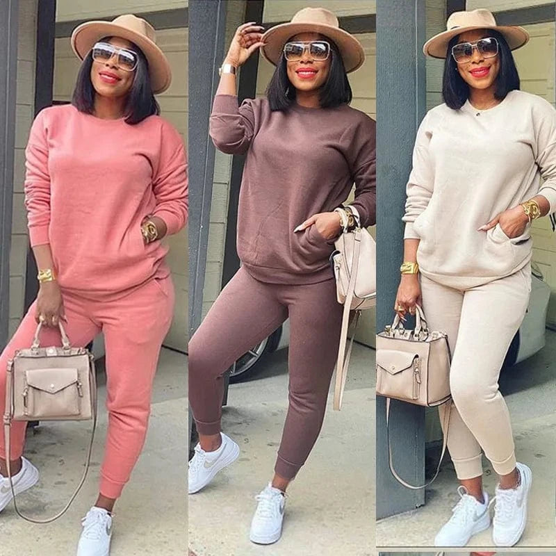 New 2024 Fall Autumn 2 Piece Long Sleeve Sport Casual Solid Colors Cotton Two Piece Pants Set Tracksuit Women Jogger Suit Sets