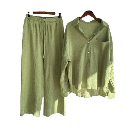 New 2024 Hot Sale Chic Design Solid Color Long Sleeve Linen Blouse Pants Set Women Plus Size Two Pieces Sets