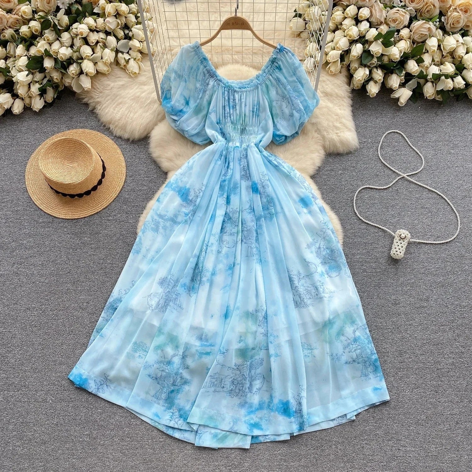 New 2024 Korean Chic Floral Print Puff Sleeve Slim Waist Dress Women Dresses Wholesale
