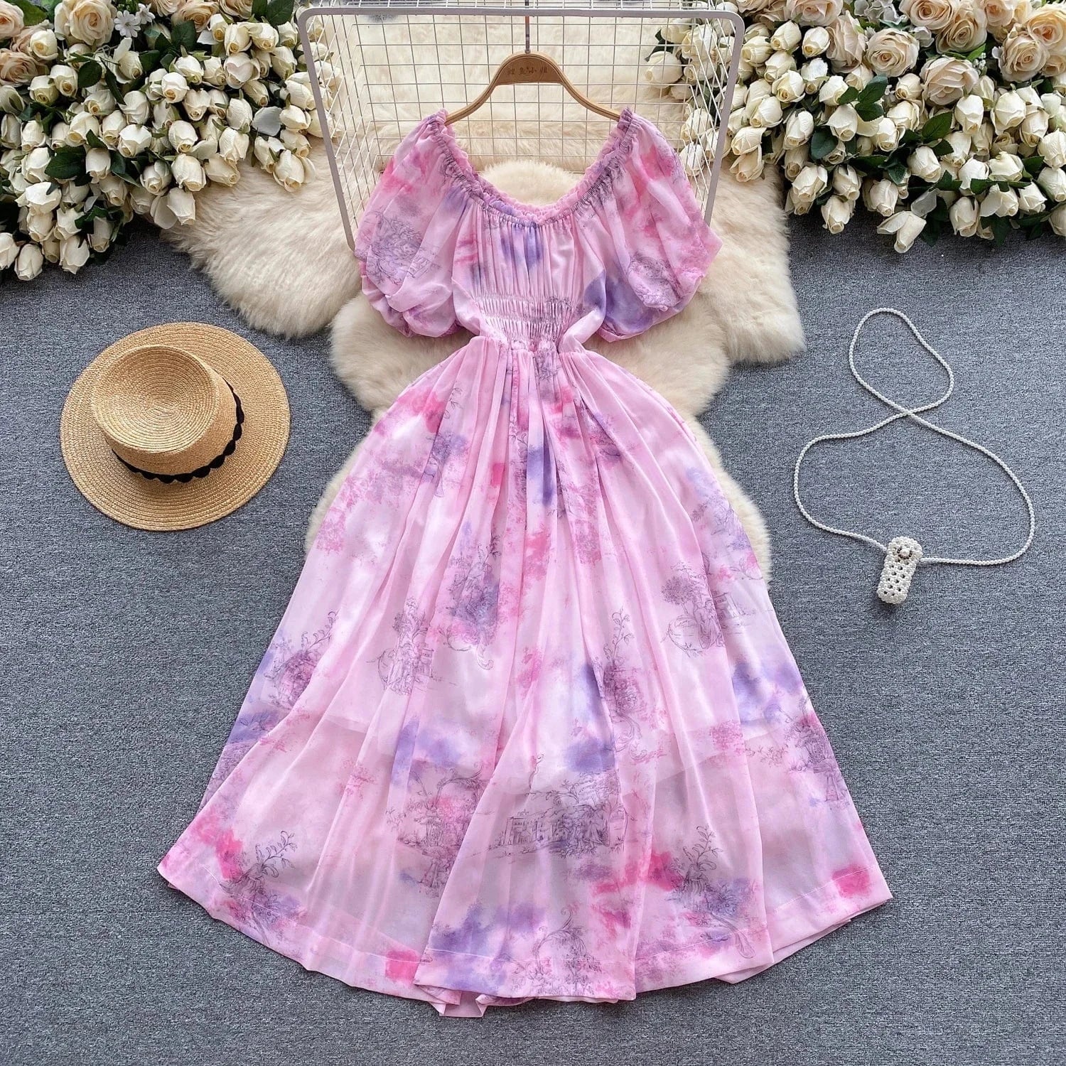 New 2024 Korean Chic Floral Print Puff Sleeve Slim Waist Dress Women Dresses Wholesale