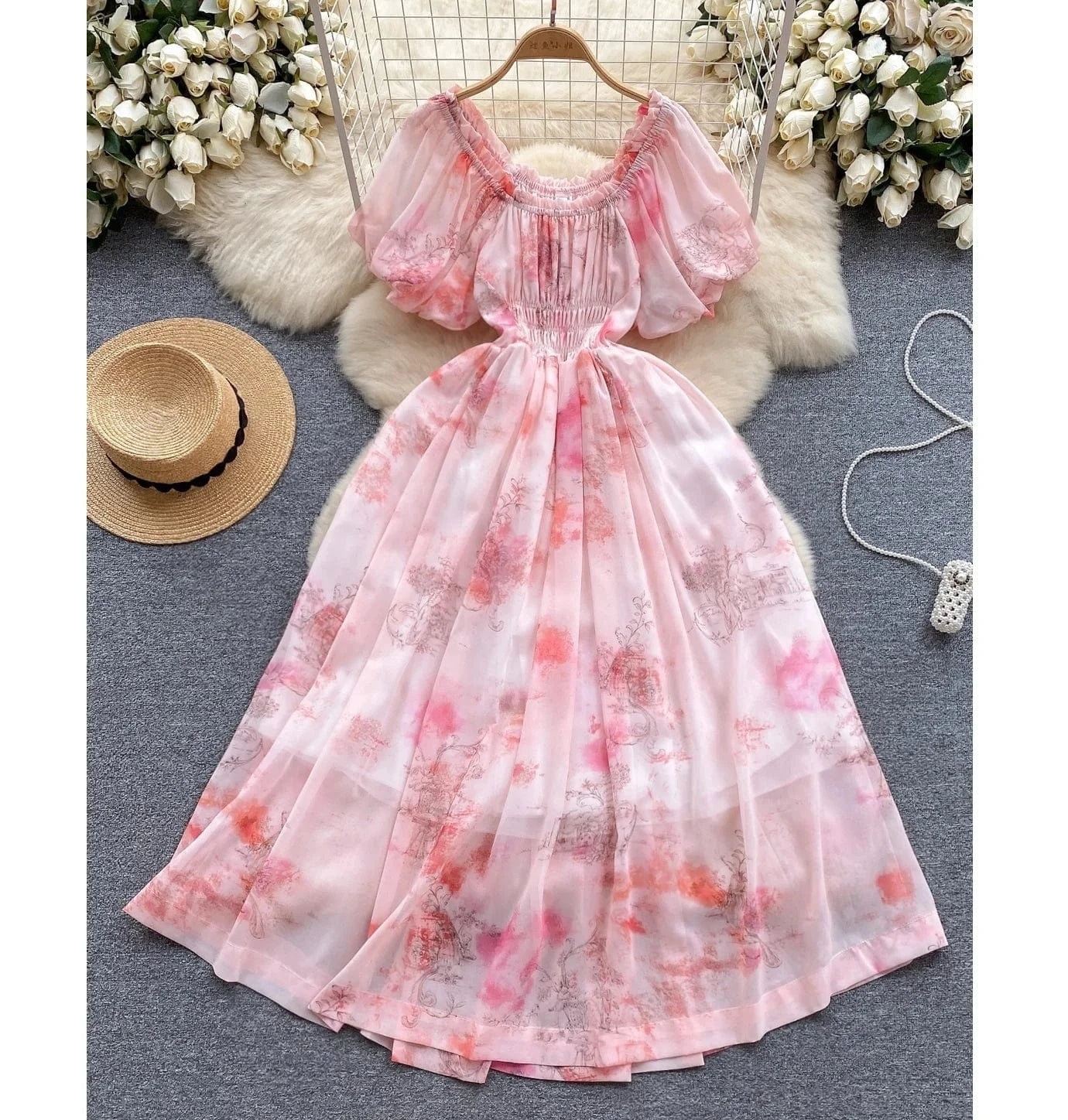 New 2024 Korean Chic Floral Print Puff Sleeve Slim Waist Dress Women Dresses Wholesale