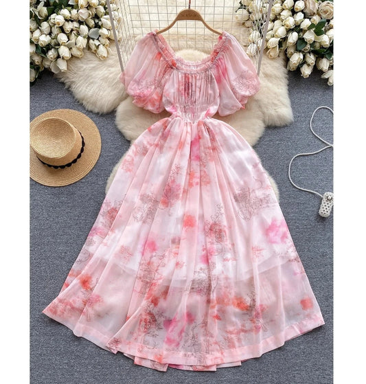 New 2024 Korean Chic Floral Print Puff Sleeve Slim Waist Dress Women Dresses Wholesale