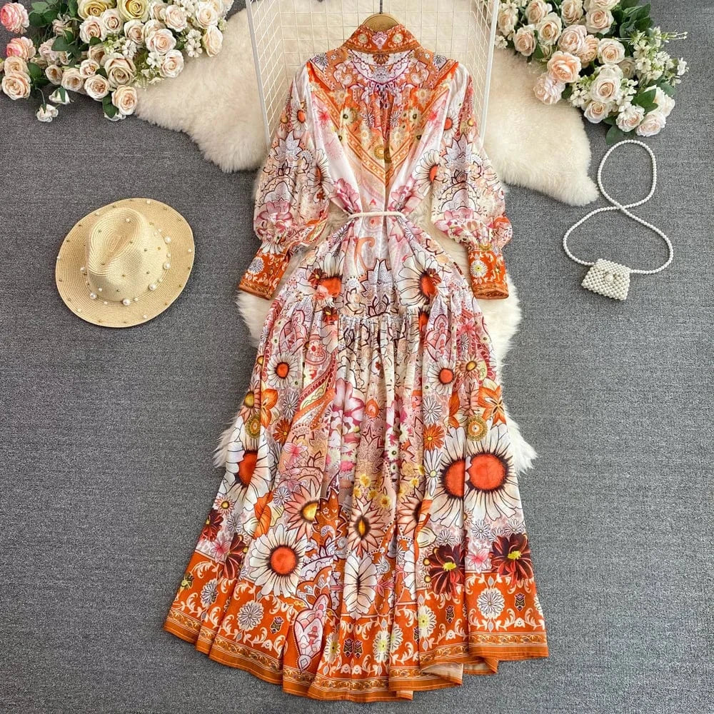 New 2024 Korean Chic Floral Print Slim Waist Midi Dress Women Long Sleeve Dresses Clothing 12