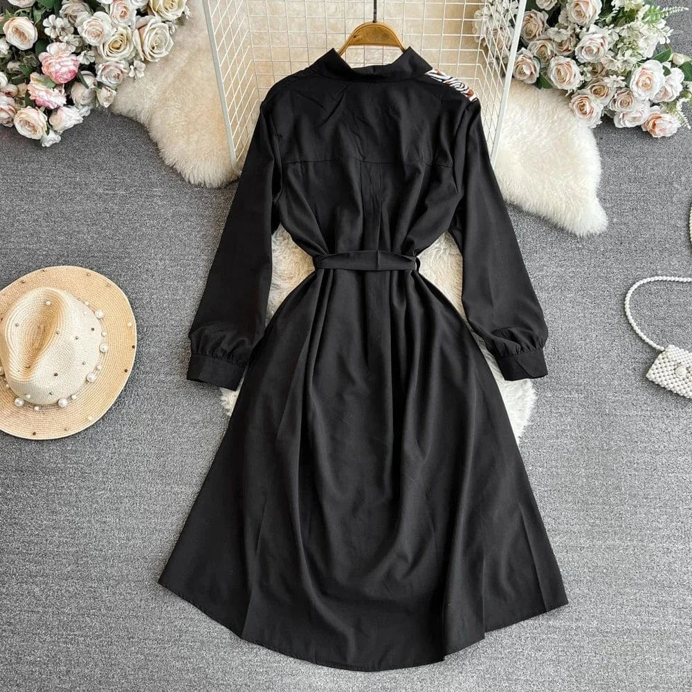 New 2024 Korean Chic Patchwork Long Sleeve Dress Women Dresses