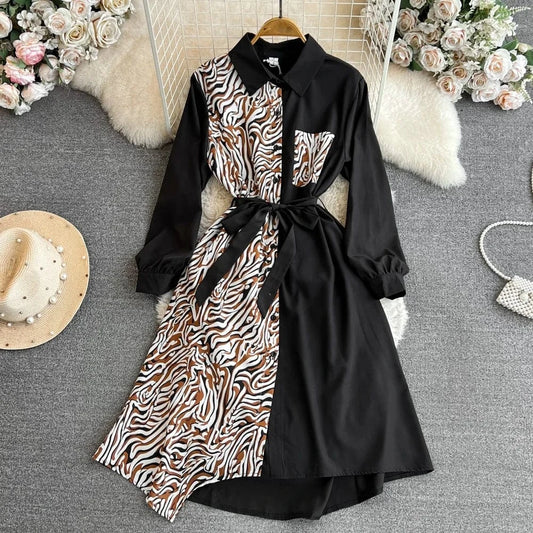 New 2024 Korean Chic Patchwork Long Sleeve Dress Women Dresses