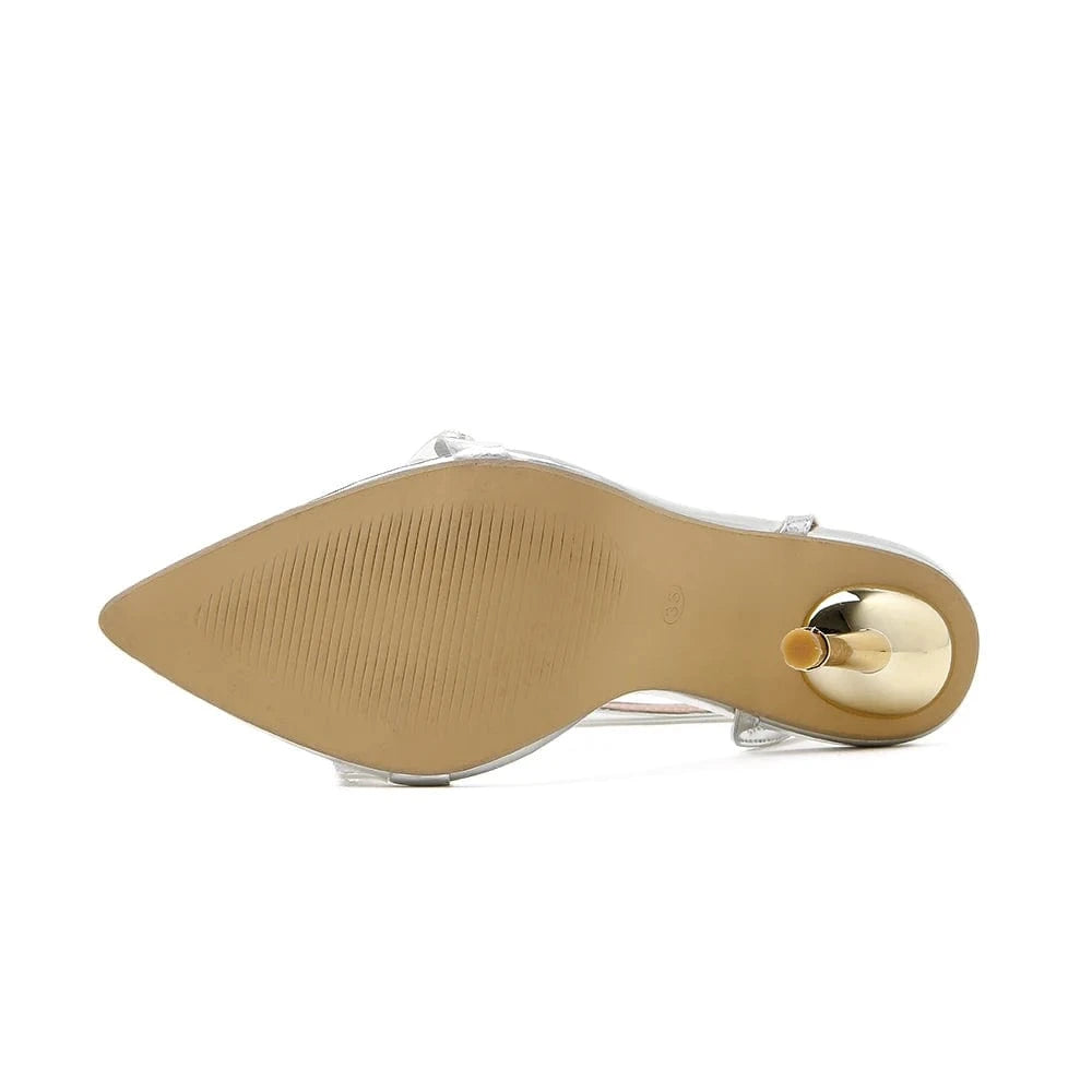 New 2024 new metal electroplating heel pointed transparent glue drill Roman high heel sandals