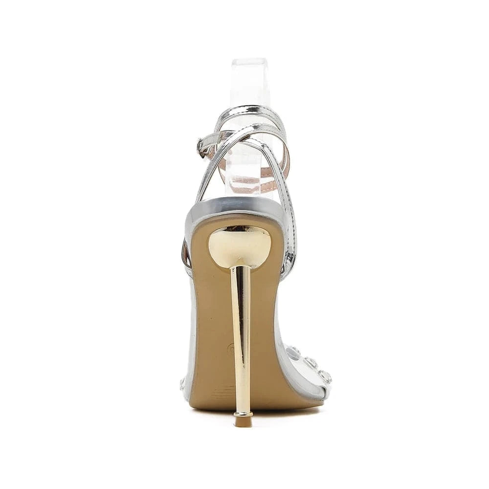New 2024 new metal electroplating heel pointed transparent glue drill Roman high heel sandals