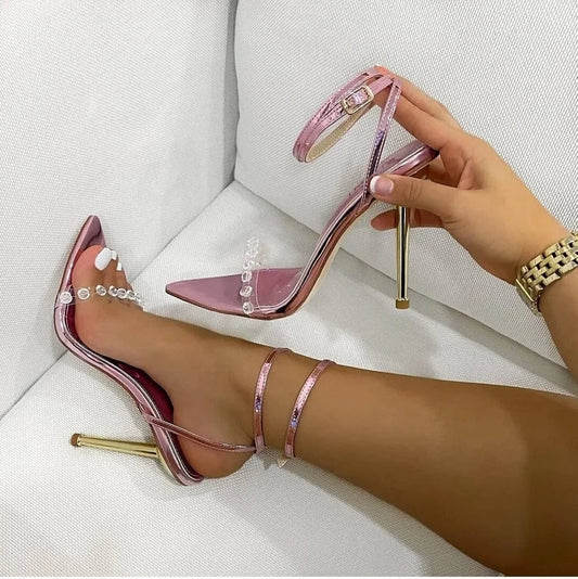 New 2024 new metal electroplating heel pointed transparent glue drill Roman high heel sandals