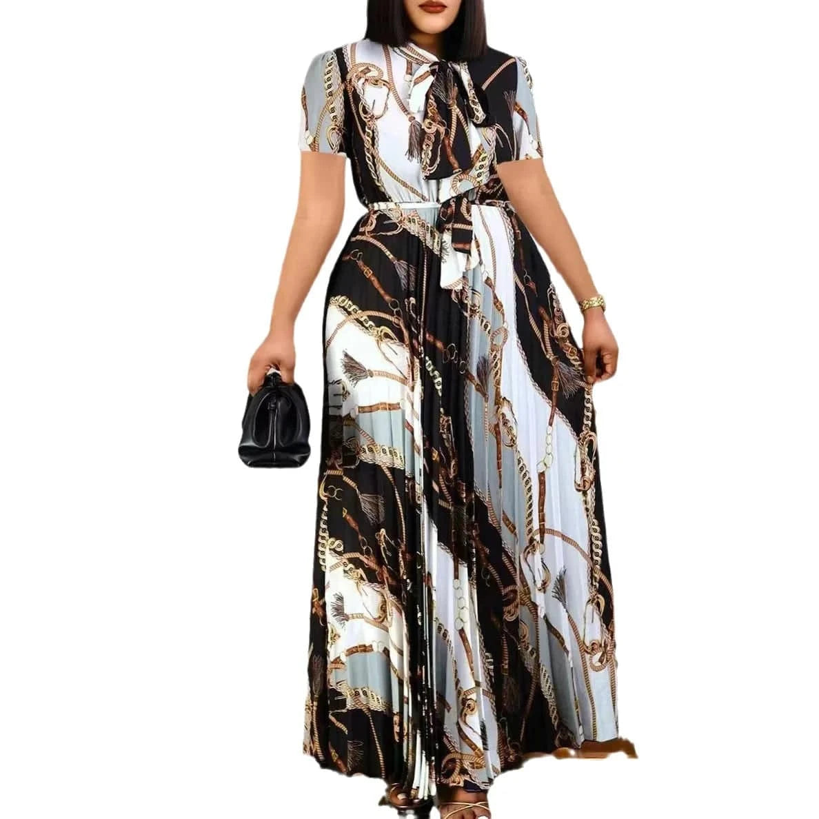 New 2024 Spring Summer Short Sleeve Printed Pleated Bandage Thongle European and American Long Skirt PLUS Size WOMEN Dress