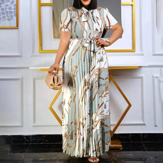 New 2024 Spring Summer Short Sleeve Printed Pleated Bandage Thongle European and American Long Skirt PLUS Size WOMEN Dress