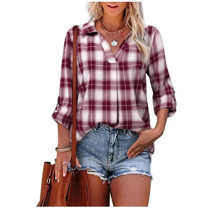 New 2024 Spring Summer Temperament Collage Cover Long Sleeve V-neck Loose Type Women's Shirt Wholesale