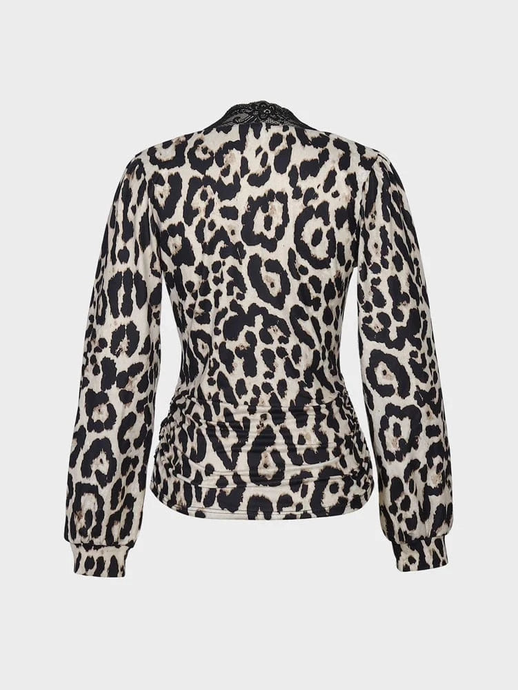 New 2025 Women's Leopard Print Top with Lace Trim Long Sleeve Deep V-Neckline Polyester Workwear Sexy Mature Fashion