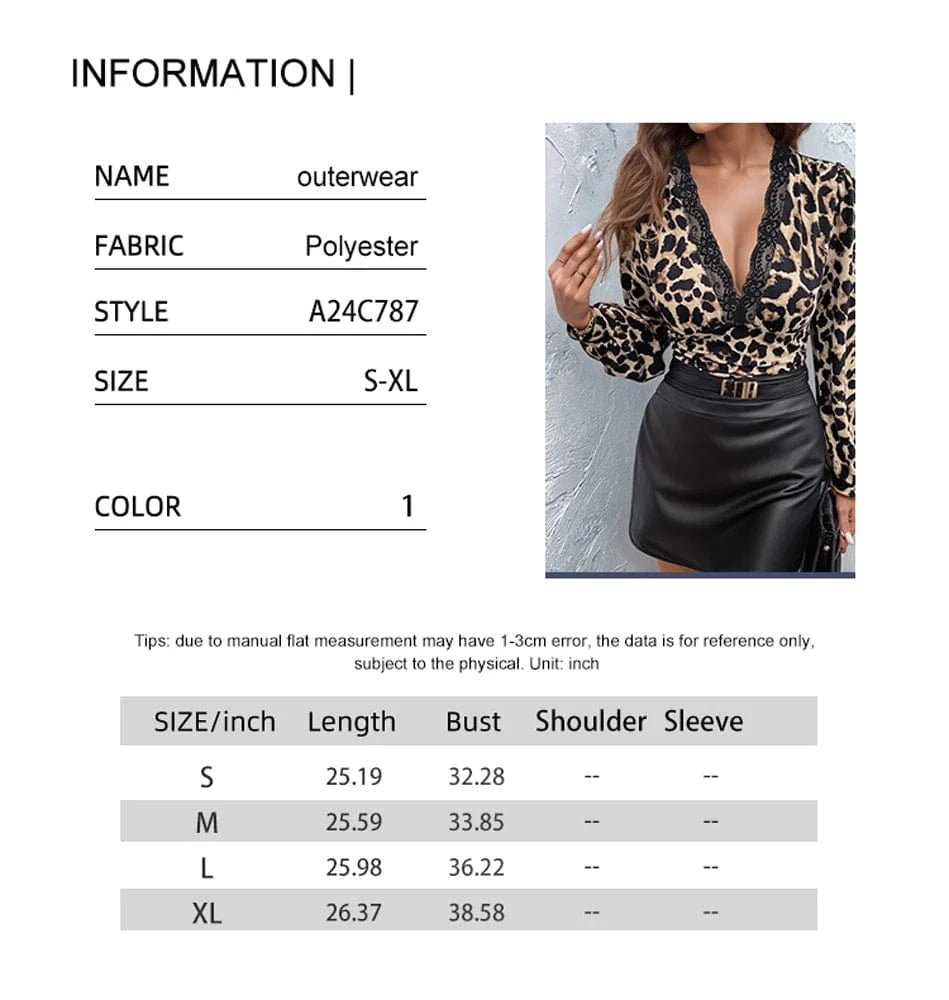 New 2025 Women's Leopard Print Top with Lace Trim Long Sleeve Deep V-Neckline Polyester Workwear Sexy Mature Fashion