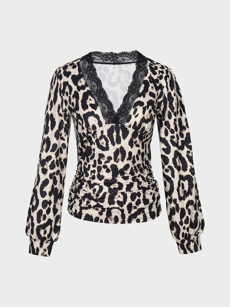 New 2025 Women's Leopard Print Top with Lace Trim Long Sleeve Deep V-Neckline Polyester Workwear Sexy Mature Fashion