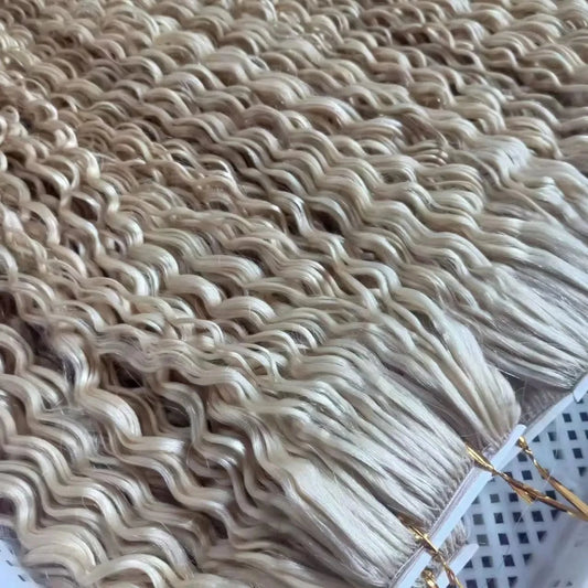 New Arrival 100% human virgin cuticle anglied   feather  line hair extension blonde color curly feather hair extension