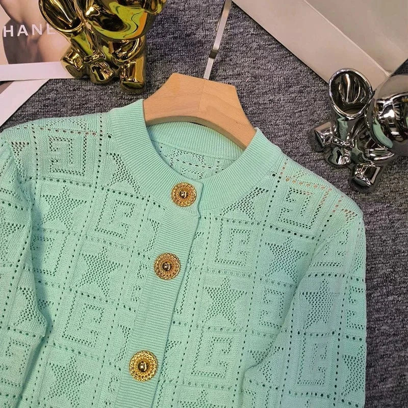 New Arrival 2024 Spring Summer Women Solid O-neckline Coat Design Knitted Office Lady Single-breasted Hollow Out Cardigan